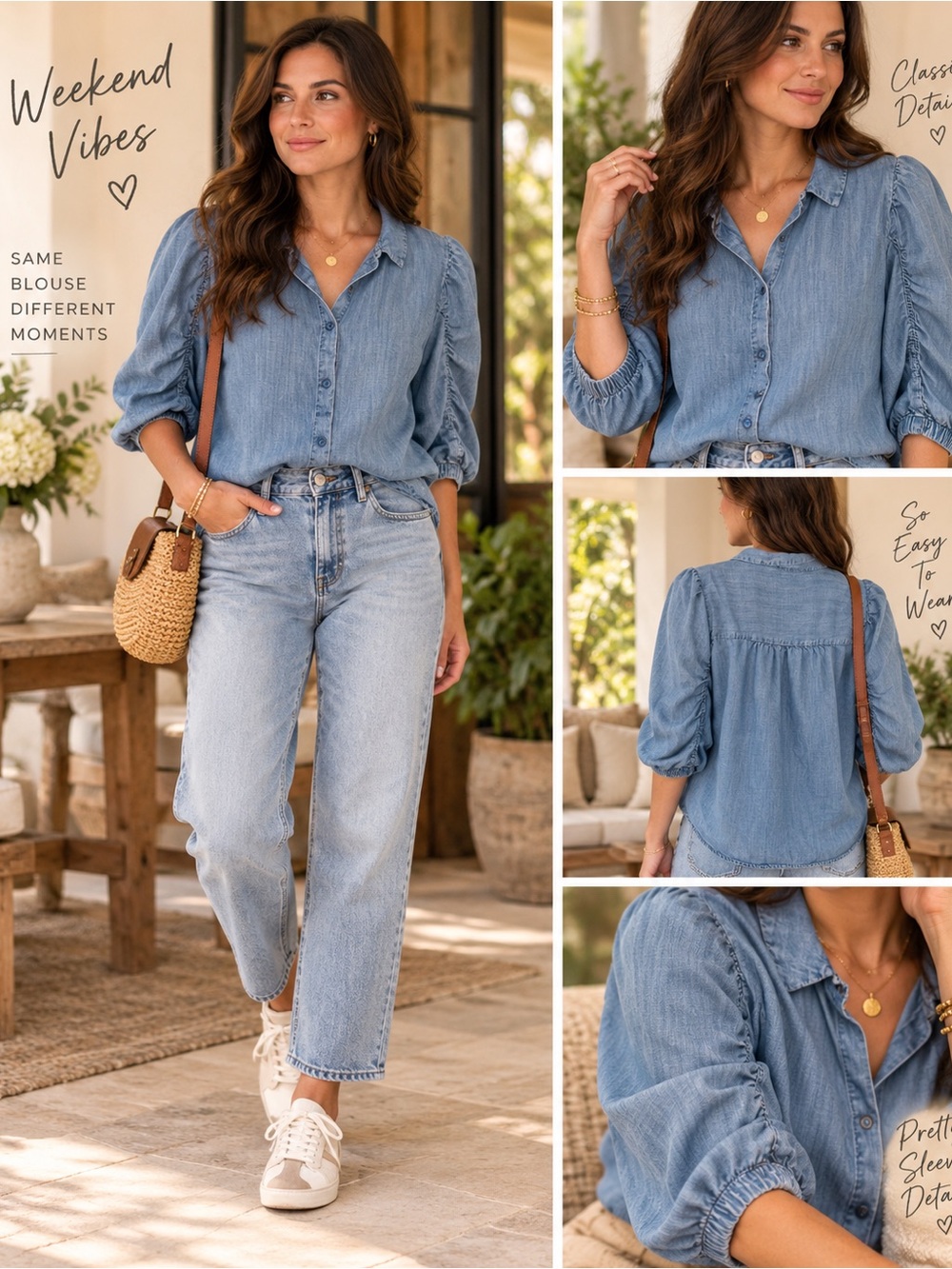 Splendid Chambray Lyocell Ruched Sleeve Button Down Shirt M